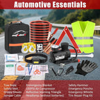 Car Roadside Emergency Kit, Car Safety Kit Portable Vehicle Kits for Emergency with Jumper Cables, Tow Straps, Safety Hammer, Black