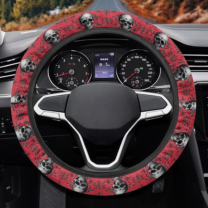 Car Steering Wheel Covers Sweat Absorption Comfort Grip for Men | Skull Bat Red Print, Halloween Decor, Car SUV Sedans Interior Accessories, Steering Wheel Protection Sweat Absorption