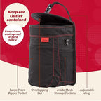 Spill-Proof Car Trash Can - Leak-Proof Lid & Removable Liner for Car Bin - Travel Organizer with Mesh Pockets - 2.5 Gal, Black w Red Stitching