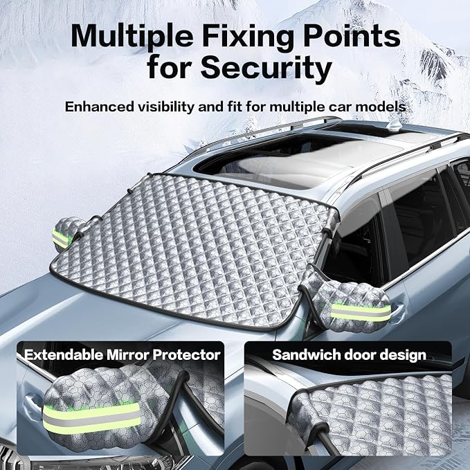 Windshield Snow Cover for Winter - Custom Fit Graphene Car Windshield Cover Outside for Ice, Snow & Hail Protection | Frost Guard with Storage Bag for SUV and Sedan (Medium+)