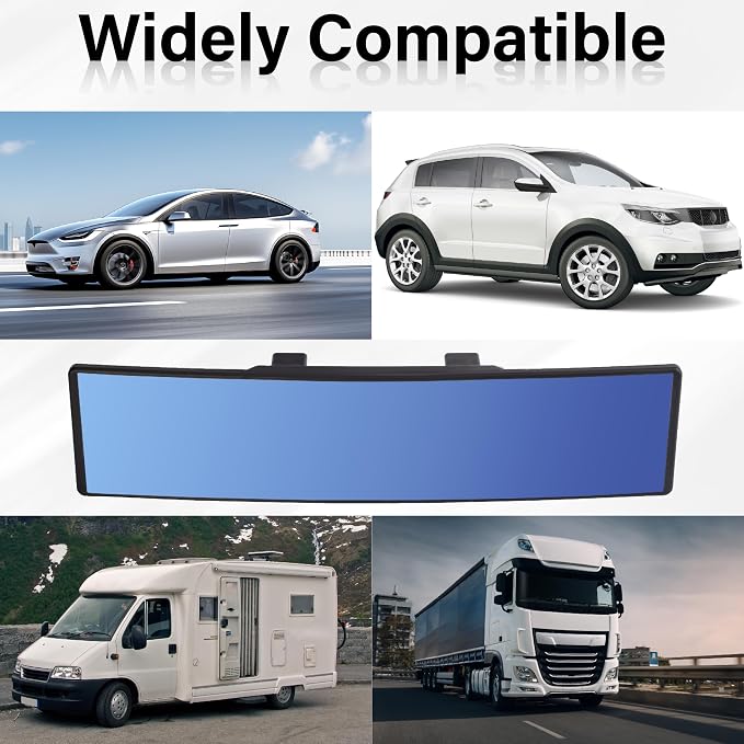 Rear View Mirror, Universal 12 Inch Wide Angle Rear View Mirror, Convex Clip On Panoramic Rears Views Mirrors, Anti-Glare Extended Broadway Mirrors, Rearview Mirroring Accessories for Cars (Blue)