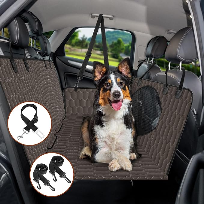 Waterproof Dog Car Seat Cover for Back Seat, Pet Hammock- S, Brown/Black | Durable waterproof hammock with nonslip design & storage pockets. Protects seats from scratches, fits cars, SUVs & trucks.