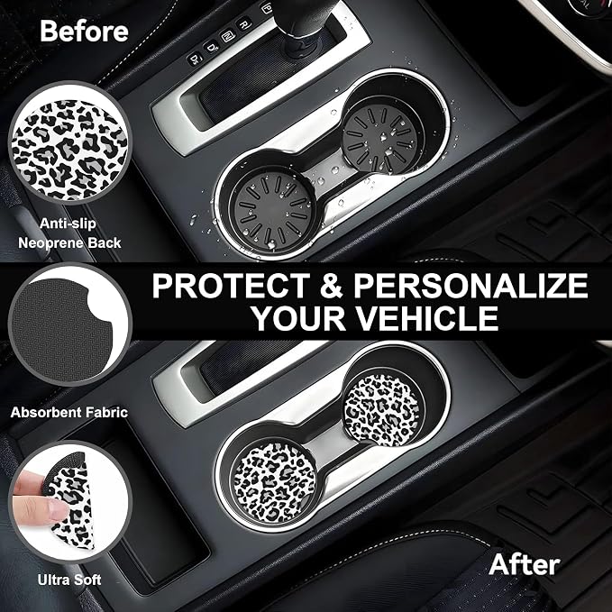 Leopard Steering Wheel Cover,Cheetah Print 2 PCS Car Coasters Leopard 14.5-15 Inch Neoprene Steering Wheel Cover,Anti-Slip Breathable Car Accessories Fits Auto Interior Decor