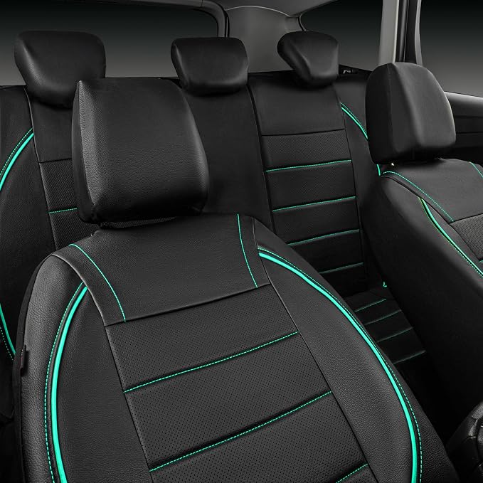 Universal FIT Piping Leather Car Seat Cover, for suvs,Van,Trucks,Airbag Compatible,Inside Zipper Design and Reserved Opening Holes (Full Set, Black and Mint)