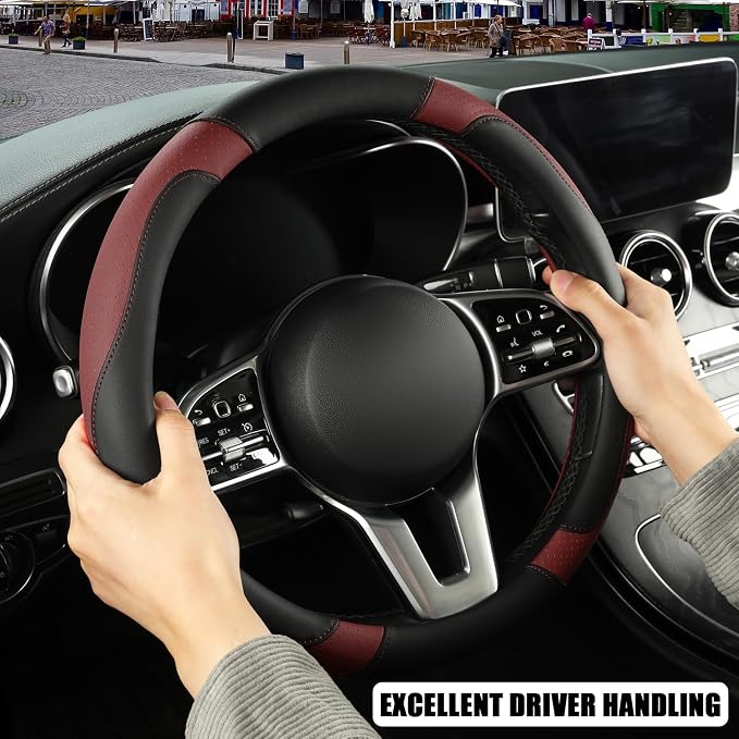 Black Burgundy Microfiber Leather Steering Wheel Cover 14 inch | Breathable Anti Slip Grip Cool Sporty Look Glow for Women Men