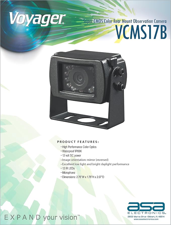 Voyager VCMS17B Super CMOS Color Rear Mount Observation Camera with LED Low-Light Assist, Built-in Microphone, Black