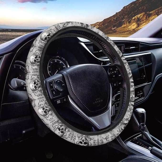 Steering Wheel Protection for Most Cars Interior Accessories | Skull Bat Grey Automotive Steering Wheel Cushion, Halloween Decor, Anti-slip Universal 14-15 inch, Easy Install