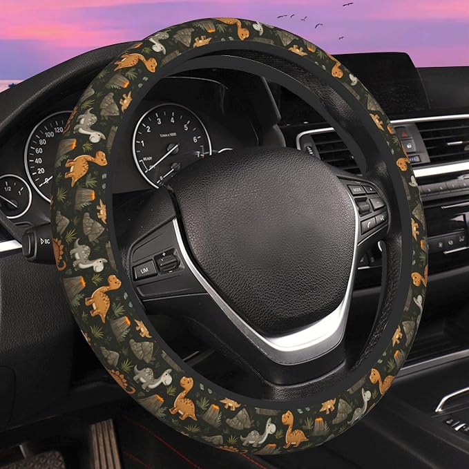 Cartoon Dinosaur Volcano Steering Wheel Cover for Women Men Neoprene Breathable Wheel Cover Protector Anti-Slip Car Accessories Universal 15 Inch Fit for Cars Trucks Vehicles