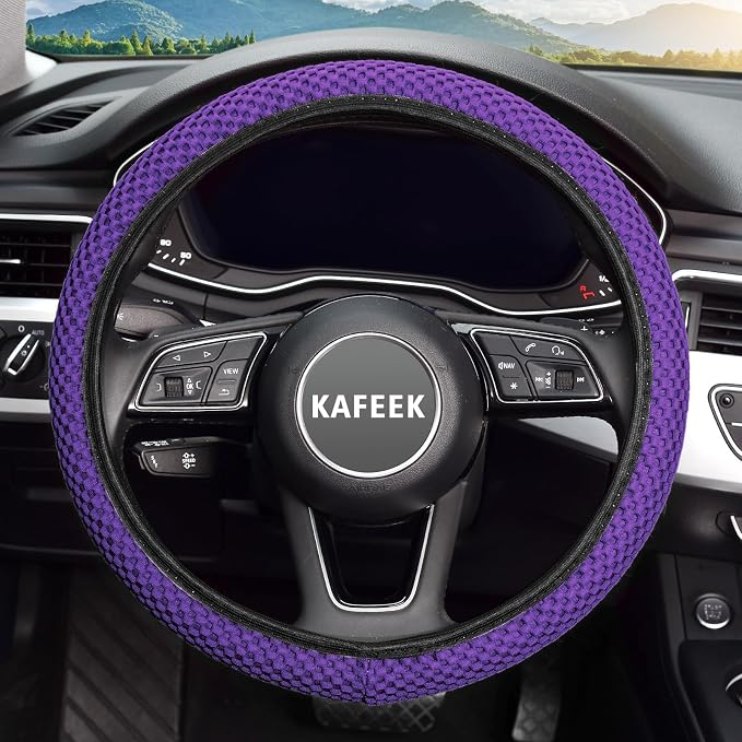 Elastic Stretch Steering Wheel Cover 15 Inch, Breathable Ice Silk Microfiber, Non-Slip Grip, Warm in Winter and Cool in Summer, Odorless, Car Accessories Fit Cars, SUVs, Purple