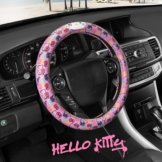 Hello Kitty Steering Wheel Cover, Official Sanrio Car Steering Wheel Cover with Universal Size 14.5-15.5, Cute Steering Wheel Cover for Women, Hello Kitty Car Accessories (Lavender Print)