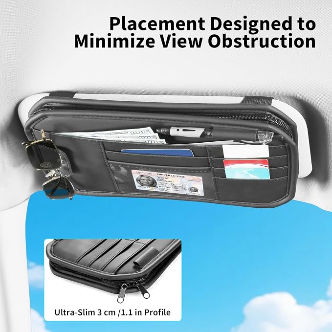 Car Sun Visor Organizer with Zipper Pockets PU Leather Storage Bag with Elastic Straps and Glasses Clip Sunvisor Organizers for Car SUV Truck