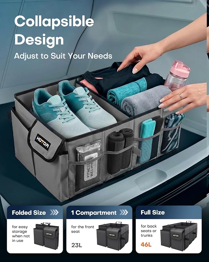 Trunk Organizer for Car - Car Organizer, Foldable Trunk organizer for SUVs & Sedans, Sturdy Organization for Car Accessories, Tools, Sundries, Grey, 2 Compartments, 23.6"×14.2"×10.6"
