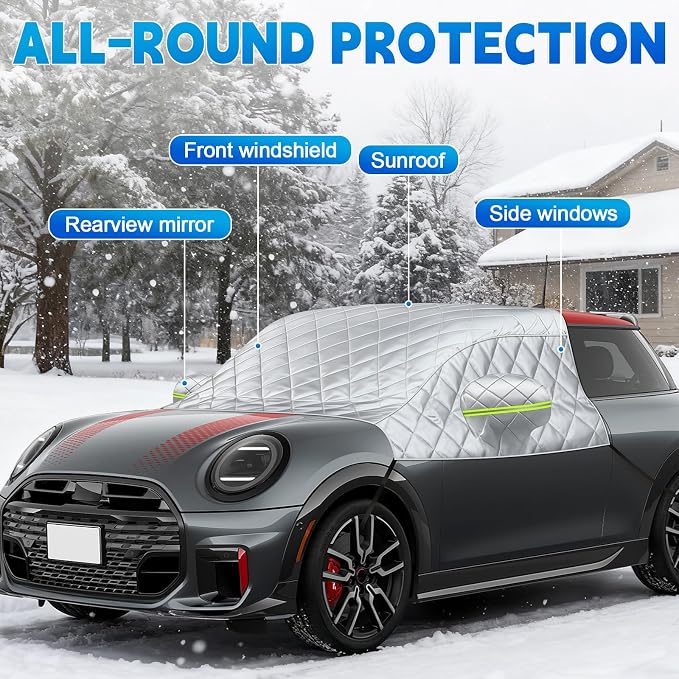 Custom Fit Windshield Snow Cover for Mini Cooper – 6-Layer Frost Guard with Mirror Covers & Secure Steel Hooks – Automotive Windshield Snow Covers