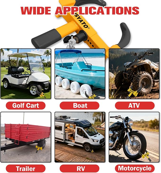 2Pcs Universal Heavy Duty Wheel Lock-Anti Theft Trailer Lock & Car Boot, Adjustable Security Tire 11.4" for Trailers, Cars, Golf Cart, ATV, SUV, RV, Boat, Camper, Motorcycle,6 Keys,Yellow+Black
