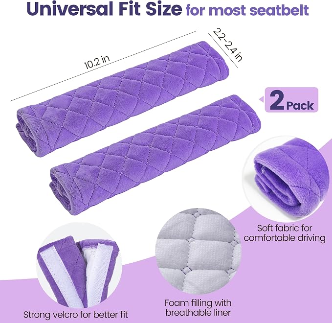 Soft Auto Seat Belt Cover Seatbelt Shoulder Pad Cushions 2 PCS Universal Fit for All Cars and Backpack for a More Comfortable Driving Violet