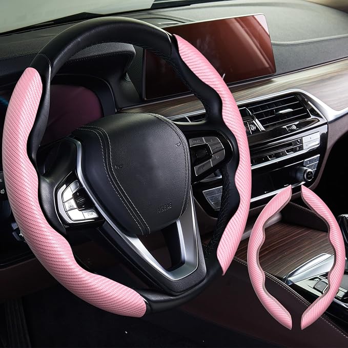 2pcs Car Steering Wheel Cover,Anti-Skid Carbon Fiber Steering Wheel Protector for Men Women,Multiple Color Options,Universal for Most Car Interiors Accessories (Pink)