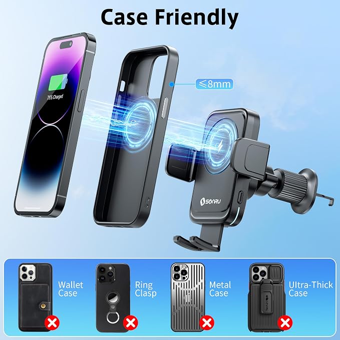 Car Phone Holder Wireless Charger, Qi 15W Wireless Car Charger Fast Charging Auto Clamping Car Charger Mount Suction Holder Dashboard Air Vent for iPhone 16/15/14/13/12/11, Samsung S25/24