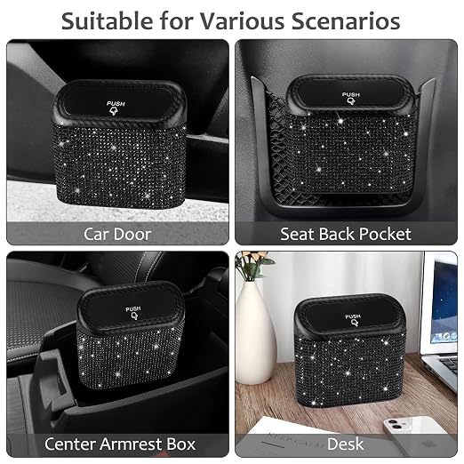 Bling Car Trash Can with Lid, Mini Vehicle Trash Bin, Car Dustbin Garbage Organizer with 60 Trash Bag, Leakproof Auto Storage Bag Container for Car, Home, Office (Carbon Fiber&Black Rhinestone)