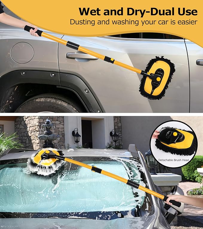 47.64" Car Wash Brush Mop Kit Mitt Sponge with Long Handle Car Cleaning Supplies Kit Tools Car Washing Duster Exterior Scratch Free, Chenille Replacement Head Extension Pole