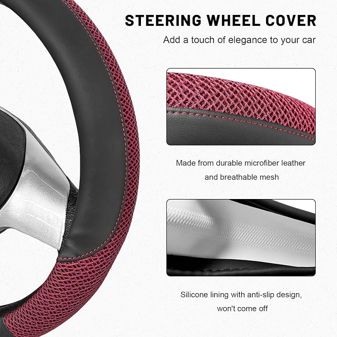 Sun Walker Steering Wheel Cover, 15 inch Breathable Steering Wheel Protector with Anti-Slip Lining, Comfortable Wheel Wrap Cover for Most Vehicles, Universal Car Accessories (Red)