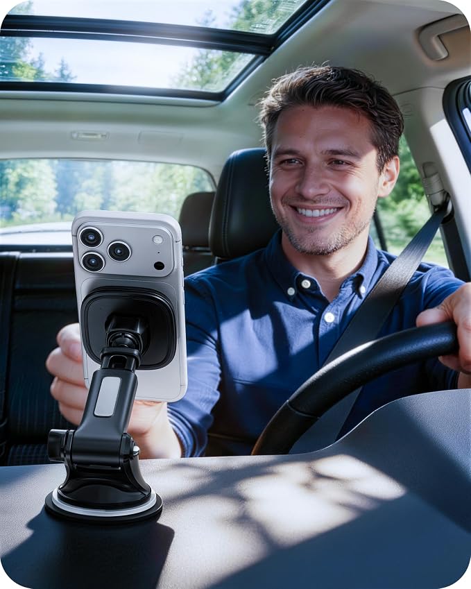 for MagSafe Car Mount, Dashboard & Windshield Suction Cup Holder with Telescopic Arm, Magnetic Phone Holder for Your Car, Designed for iPhone MagSafe Case (Black-Magsafe)