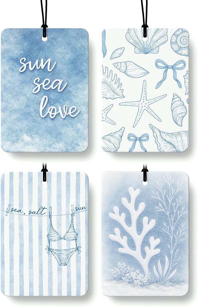 Blue Summer Beach Car Air Freshener 4 Pcs Coconut Scented, Preppy Coastal Bikini Car Accessories Mirror Decor for Women, Girly Beachy Hanging Air Freshener for Cars Closet Drawer Books