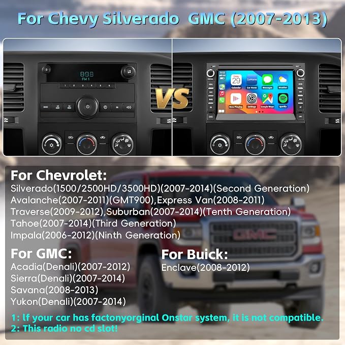 Car Stereo Radio for Chevy Silverado 2007 2008 2009 2010 2011 2012 2013, Chevy Silverado 1500 GMC Sierra Radio for Android 15 Carplay Android Auto with Backup Camera