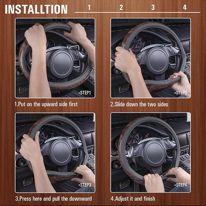 Wood Grain Microfiber Leather Steering Wheel Cover, Universal Fit for 14 1/2-15 inch Gray Steering Wheel, Anti-Slip Veins Design,Cars, Suvs,Minivans, Sedans (Gray)