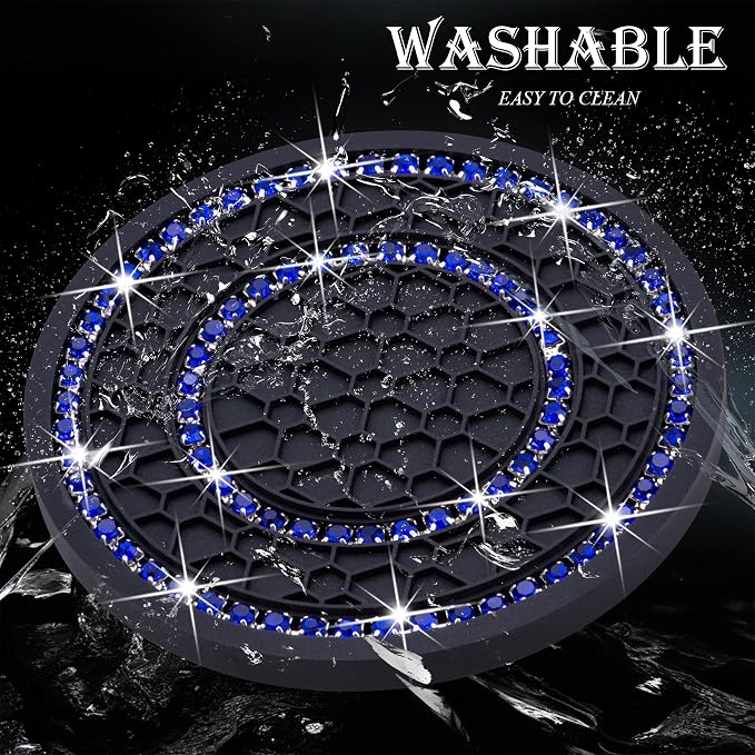 2PCS Bling Crystal Rhinestone Cup Holder Coaster, 2.75 inch Soft Silicone Anti-Slip Shockproof, Car Cup Holder Insert Coasters, Universal Car Interior Accessories for Women (Black & Blue)
