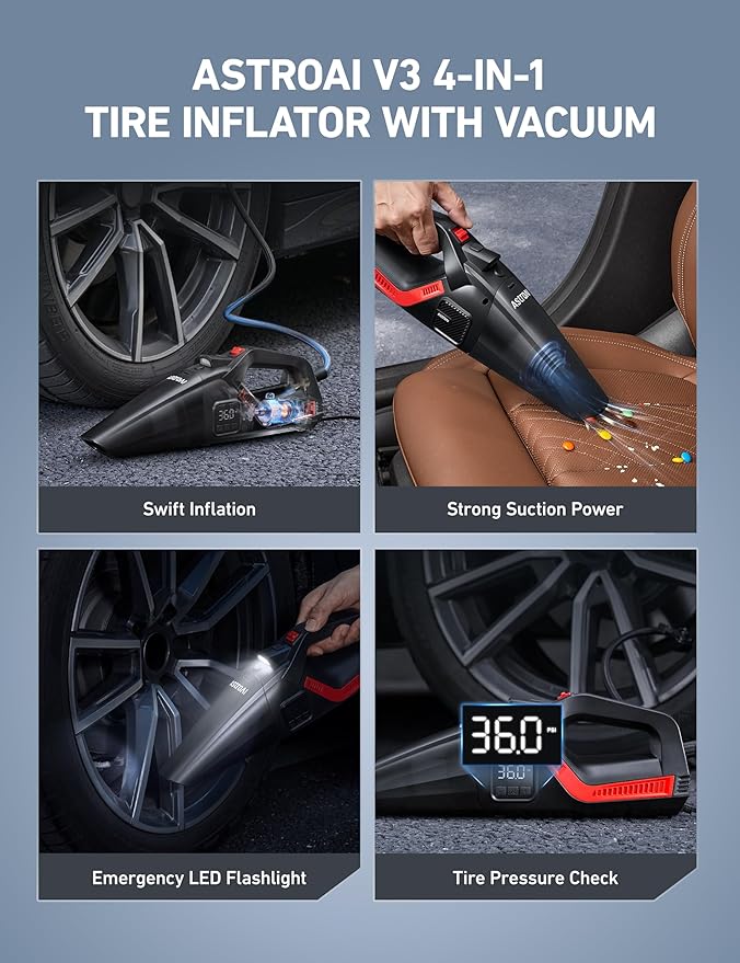 4-in-1 V3 12V DC High Power Handheld Car Vacuum Cleaner for Car,Home,Pet Hair Cleaning, 150 PSI 16.4FT Cord Digital Pressure Gauge & LED Light Portable Tire Inflator for Cars,Bikes,SUVs,Balls