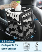 Car Trash Can with Lid, Leakproof Car Trash Bag Hanging Waterproof Automotive Garbage Can with Storage Pockets Mini Vehicle Trash Bin for Back/Front Seat(Cow Print,2.5 Gallon)