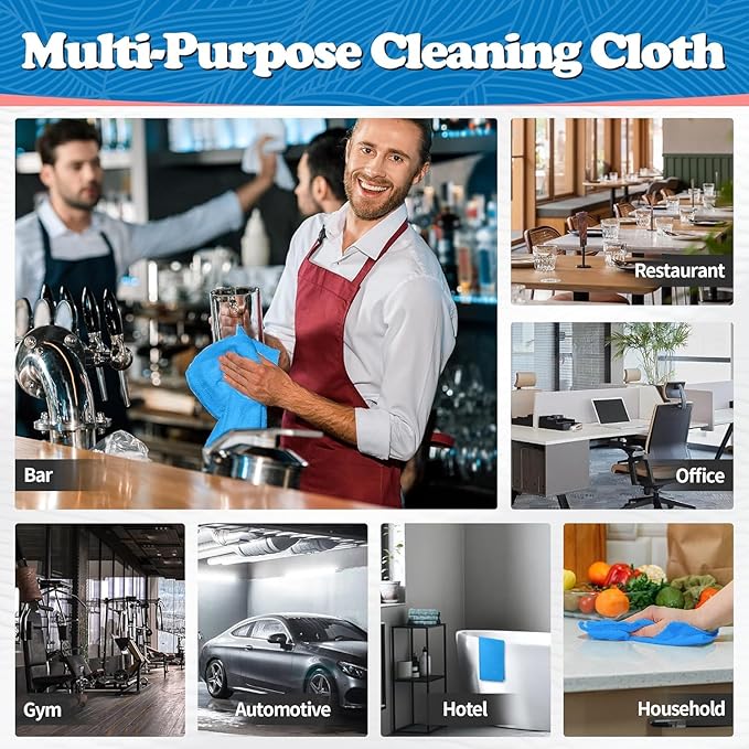 Microfiber Cleaning Cloth, Shop Towels Bulk, 24 Pack Blue Microfiber Towels for Cars, All-Purpose Absorbent Cleaning Rags, Dust Cloth for Automotive, Mechanic, Garage, Bar, 12 x 11 inch