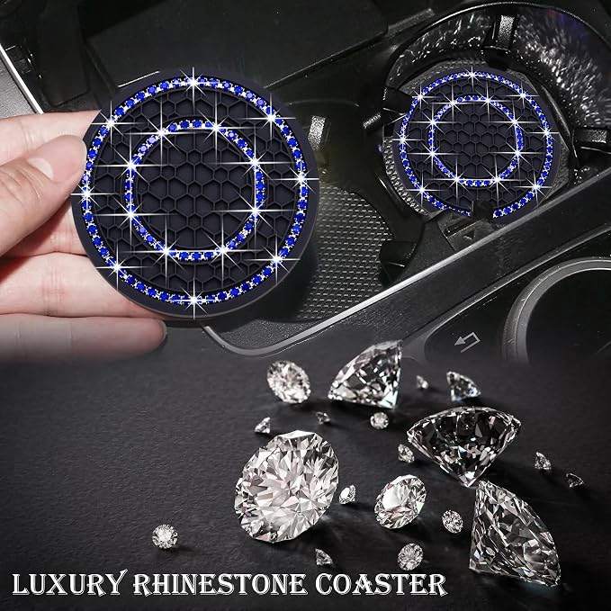 4PCS Bling Crystal Rhinestone Cup Holder Coaster, 2.75 inch Soft Silicone Anti-Slip Shockproof, Car Cup Holder Insert Coasters, Universal Car Interior Accessories for Women (Black & Blue)