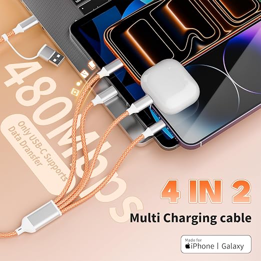 4 in 2 Multi Charging Cable, USB C Multiple Charger Cable with 3 X Type-C,1 X IP, Upgrade 2026 Travel Essentials Phone Charger Cord for iPhone 17/16/15/14,Car Accessories for Women,Orange