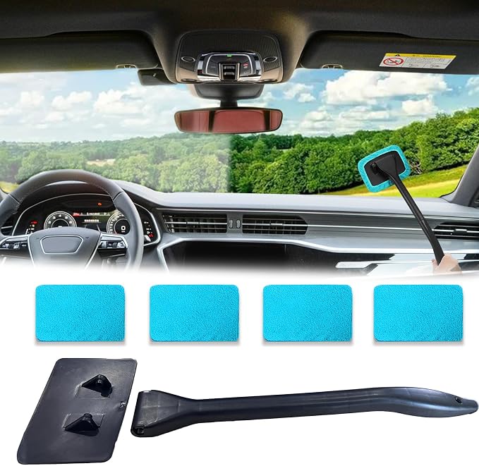 Windshield Cleaning Tool, Extendable Handle Car Window Cleaner with 4 Reusable Microfiber Pads, Auto Inside Glass Wiper for Car Windscreen Cleaning