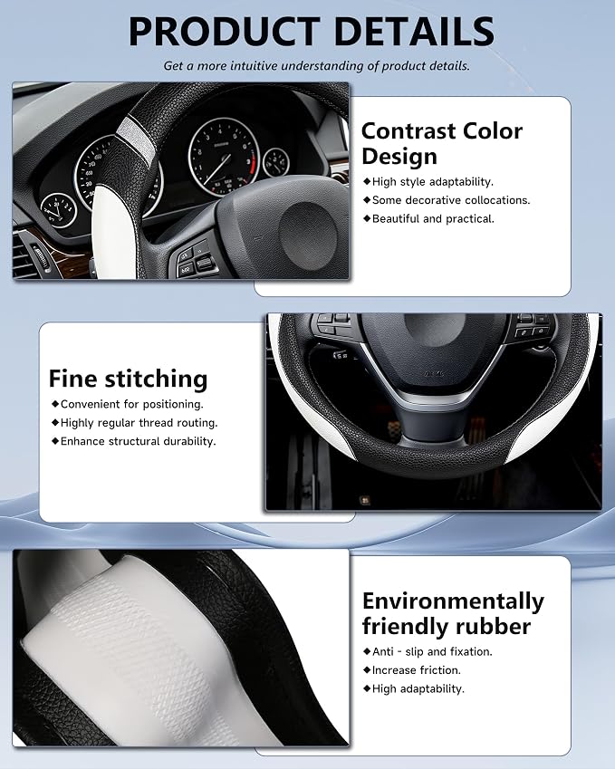 Steering Wheel Cover for Women Leather Universal Steering Wheel Cover for Car 15 inch (White)