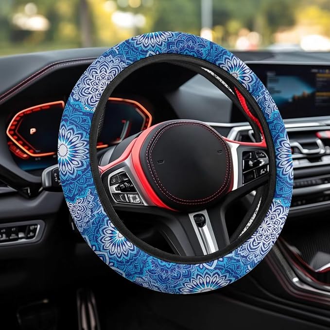 Elastic Steering Wheel Cover Non-Slip Protection for Women Men | Comfort Anti-slip Safety Stretch-on 14-15 inch, Blue Boho Flower Easy Fix Machine Washable Steering Wheel Protection