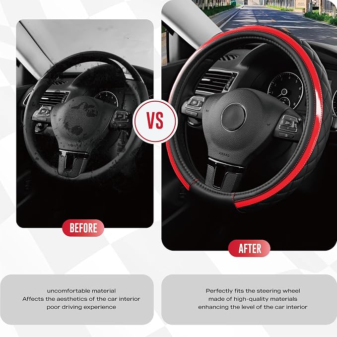 Leather Steering Wheel Cover – Black & Red Universal Fit 14.5-15 Inch, Microfiber Leather, Anti-Slip & Breathable Design for Men and Women