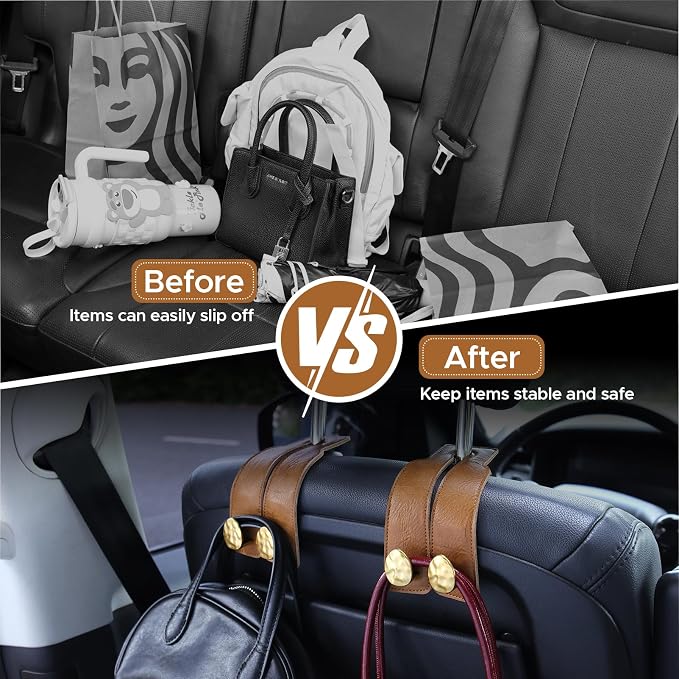 4 PCS Leather Car Seat Hooks for Headrest, Vehicle Hanger Storage Organizer Universal for Handbag Purse, Car Accessories Gift (Brown-Gold-4 PCS)