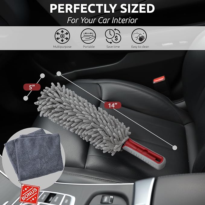 Car Duster Interior, 360° Microfiber Fingers, Lint & Scratch Free | Unbreakable Comfort Handle Duster, Includes Microfiber Towel, Lint-Free & Safe for Car & Home Interior, Gray