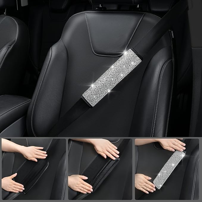11 PCS Bling Diamond Car Accessories for Women, Sparkly Rhinestone Steering Wheel Cover, Bling Seat Belt Cushion, Glitter Shift Knob Cover, Car Cup Holder Coaster, Cute Interior Sets Silver