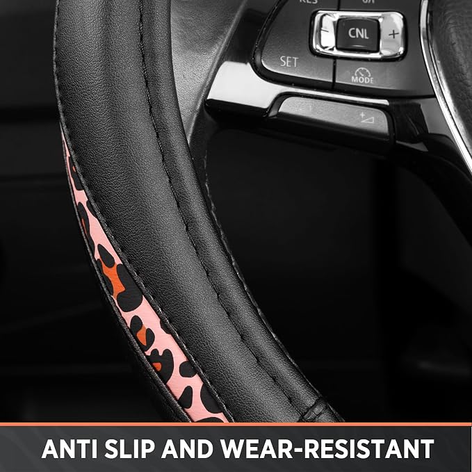 Steering Wheel Cover - Flat Bottom Wheel Cover Made with PVC Leather and Pink Leopard Fabric - Universal Fit for 15-Inch D-Shaped Automotive Steering Wheels (Pink Leopard)