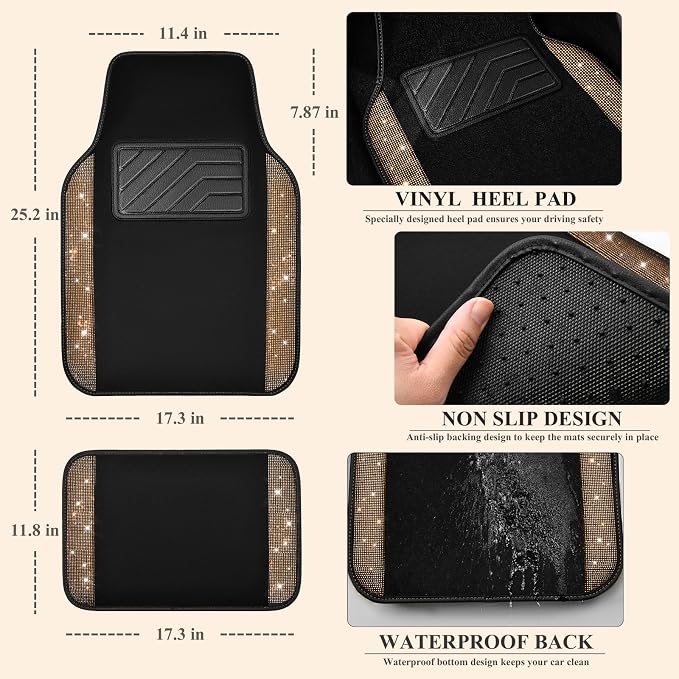 Bling Diamond Car Floor Mats, Shining Rhinestone Carpet Sparkly Glitter Crystal with Anti-Slip PVC Heel Pad Waterproof Universal Fit Automotive SUV,Sedan,Van,Cute Girl Women,4pcs Golden