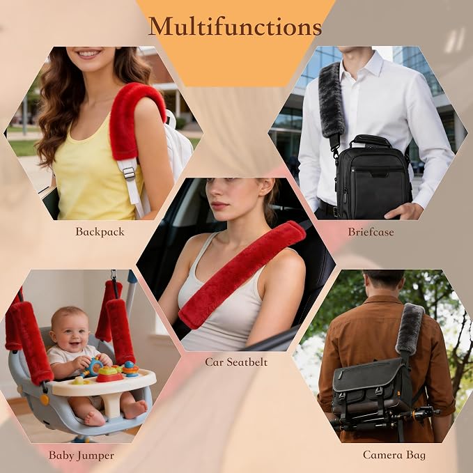 Soft Faux Fur Universal Fit Seatbelt Cover Car Truck SUV Airplane Seat Belt Shoulder Pad for Carmera Backpack Straps Neck Cushion Protector Extra Long 19.7in Red