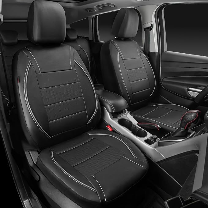 Universal Reflect Piping Leather Car Seat Cover, Fit for suvs,Van,Trucks,Airbag Compatible,Inside Zipper Design and Reserved Opening Holes (Full Set, Black and Grey)