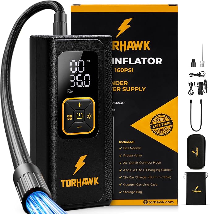 Portable Tire Inflator Air Compressor for Car Tires, Dual Cylinder, Cordless Air Pump for Car, Truck, SUV, 160 PSI, Dual Power, 7500mAh Battery, 12V DC, LED Light & Auto Shut-Off
