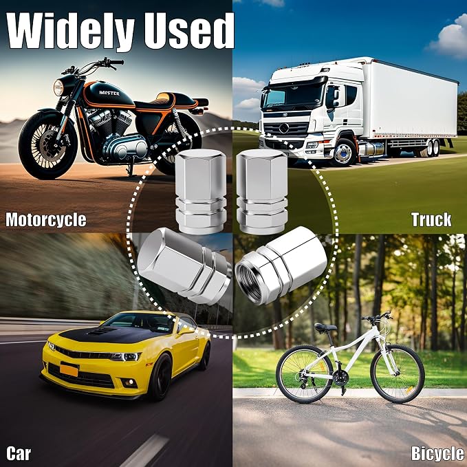 4PCS Tire Valve Stem Caps, with Rubber O-Ring, Corrosion Resistant Leak-Proof, Aluminum Alloy Universal Wheel Valve Covers for Cars, SUV, Trucks, Bikes, Motorcycles, Bicycles(Silver)