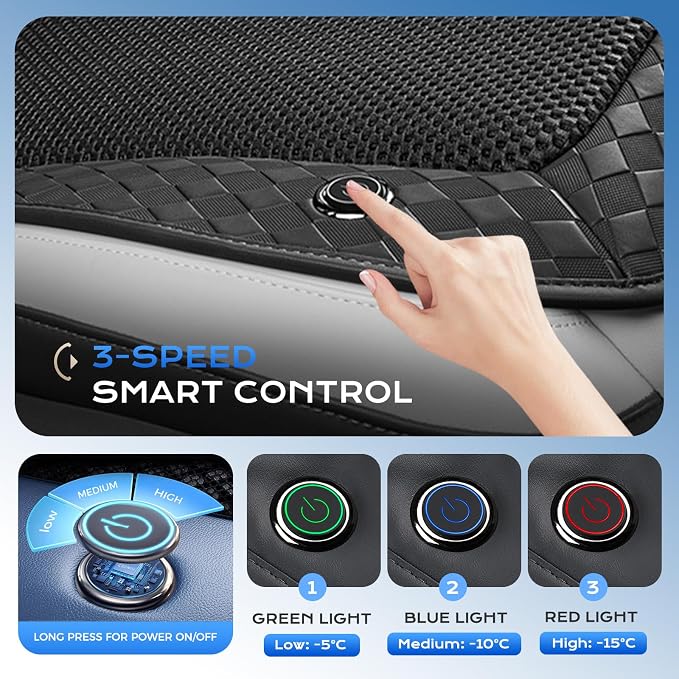 Coverado Upgraded Cooling Car Seat Cover，12V-24V Ventilated pad Built with 8 Turbo Fans, 3-Speed Dual Blowing & Suction for Effective Cooling Universal Black Cushion, Great for Summer Driving