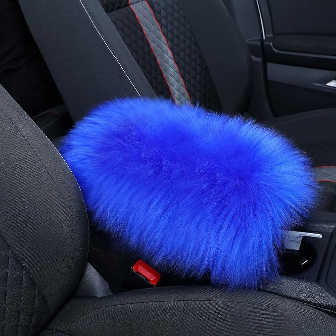 Furry Armrest Cover Auto Center Console Cover Car Soft Console Pad, Real Sheepskin Wool Soft Fluffy Auto Center Armrest Pad for Most Car Decoration Protector(Blue)