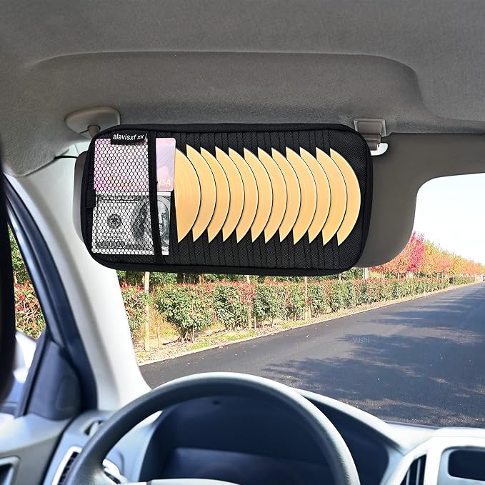 Car CD Visor Holder, 12 Sleeves Organizer with Mesh Pocket | Durable Oxford Cloth, Holds 12 CDs/DVDs, 1 Pen Holder, 1 Back Inner Pocket, Disc Storage Organizer, Fits Most Vehicle Visors